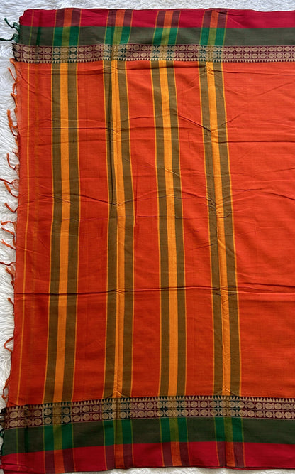 Narayanpet Cotton Saree Orange Colored Complemented with a Double Border. - Sampradaya Designer Studio
