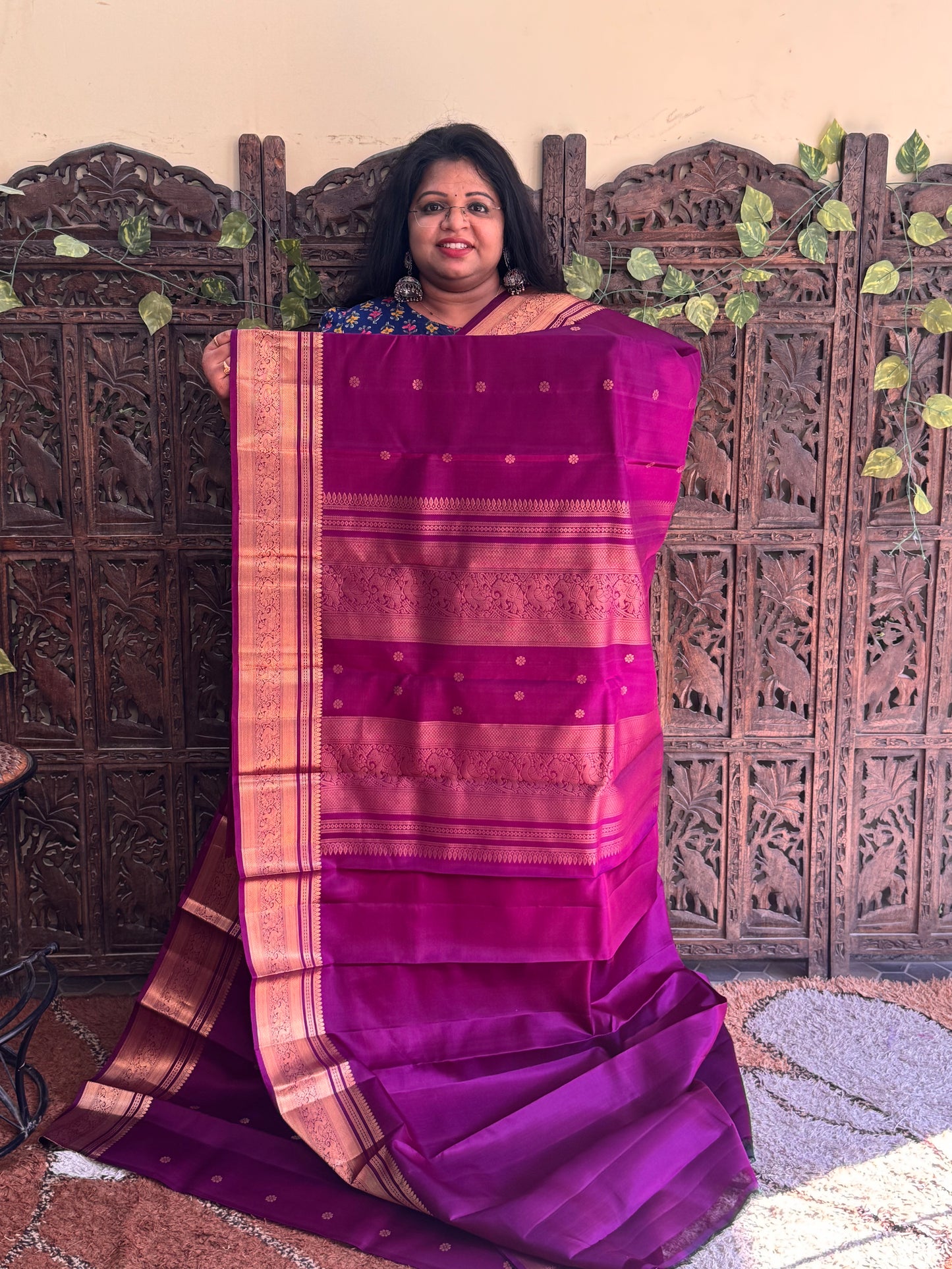 Purple Pure Kanjivaram Silk Saree | Weaving Border With All-Over Floral Butta | Handloom | Silk Mark Certified