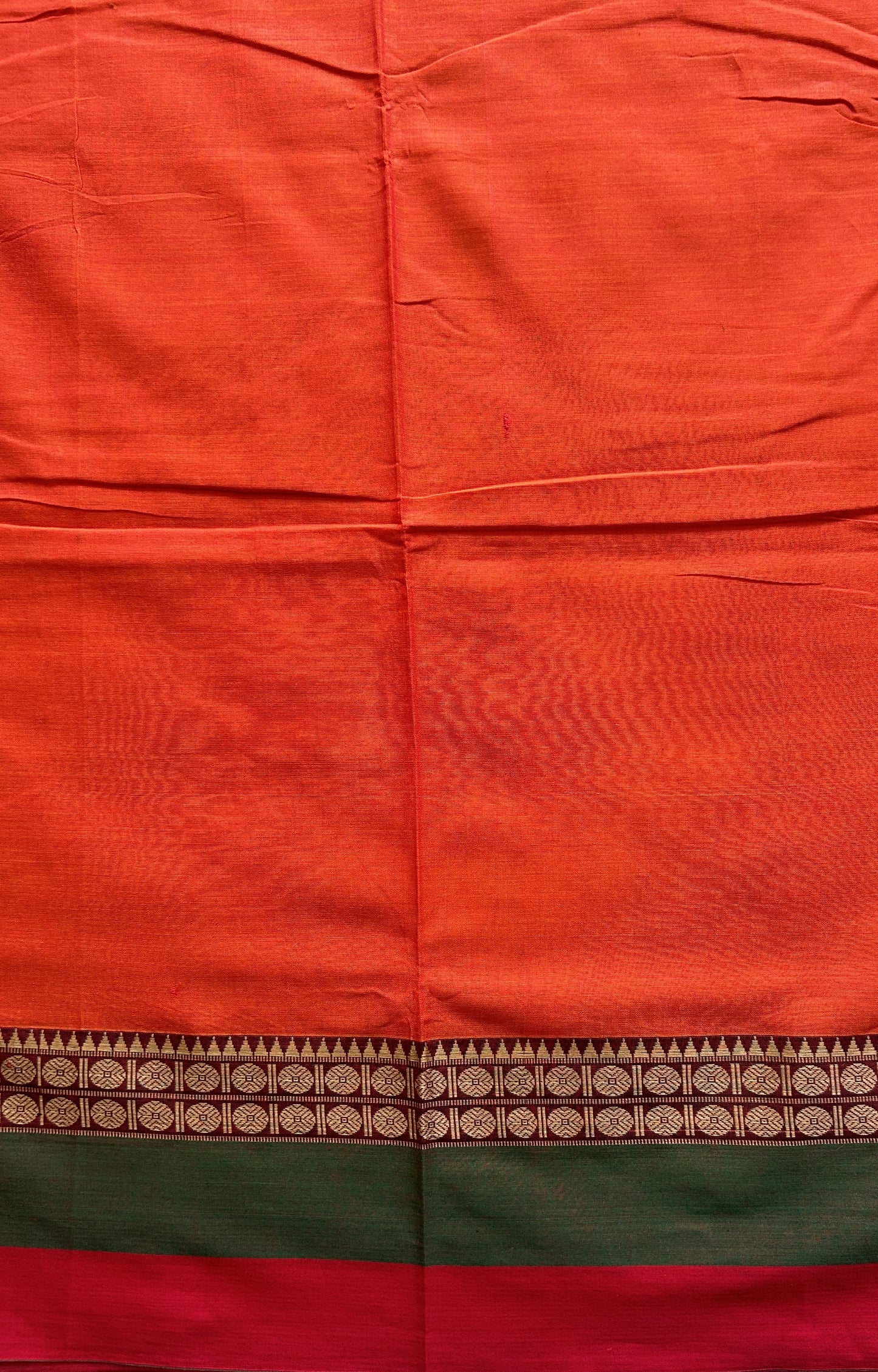 Narayanpet Cotton Saree Orange Colored Complemented with a Double Border. - Sampradaya Designer Studio