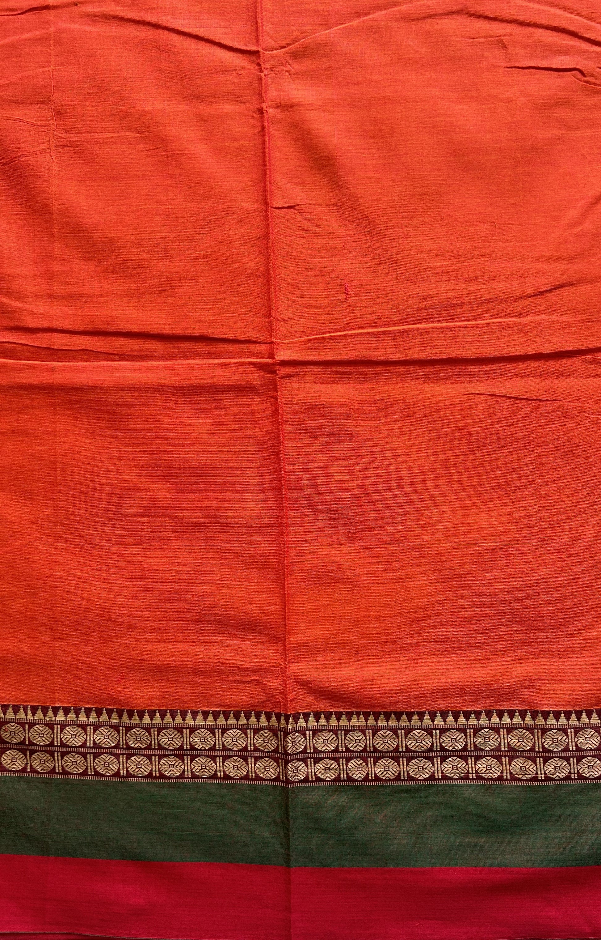 Narayanpet Cotton Saree Orange Colored Complemented with a Double Border. - Sampradaya Designer Studio