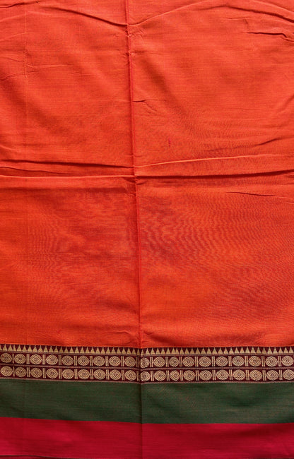 Narayanpet Cotton Saree Orange Colored Complemented with a Double Border. - Sampradaya Designer Studio