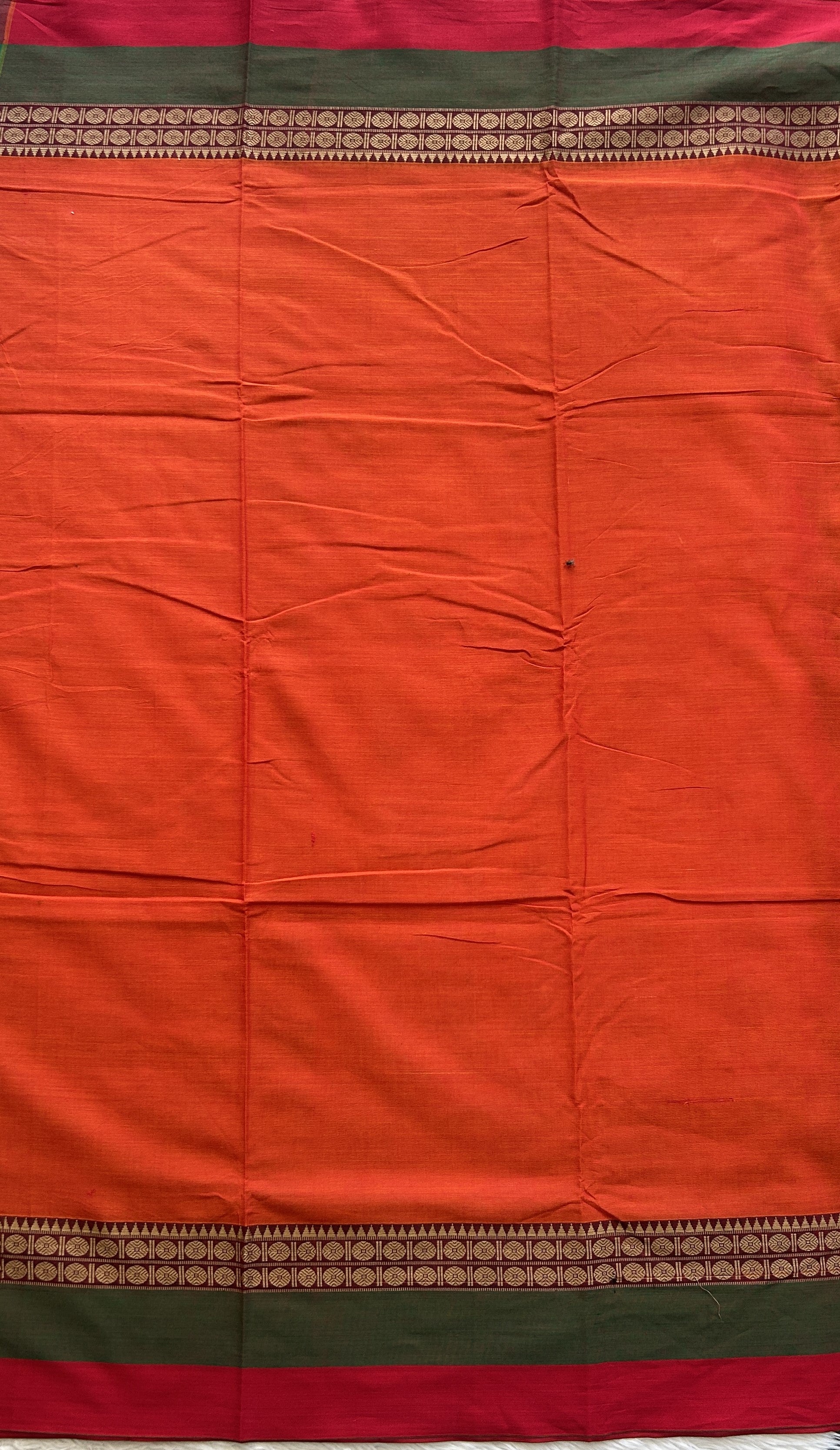 Narayanpet Cotton Saree Orange Colored Complemented with a Double Border. - Sampradaya Designer Studio
