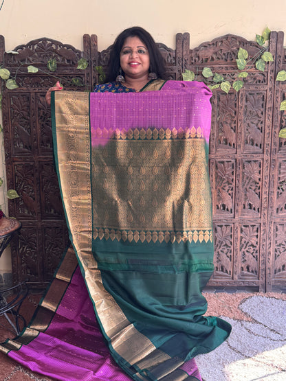 Purple Pure Kanjivaram Silk Saree |  Weaving Border With Checks Butta | Handloom | Silk Mark Certified