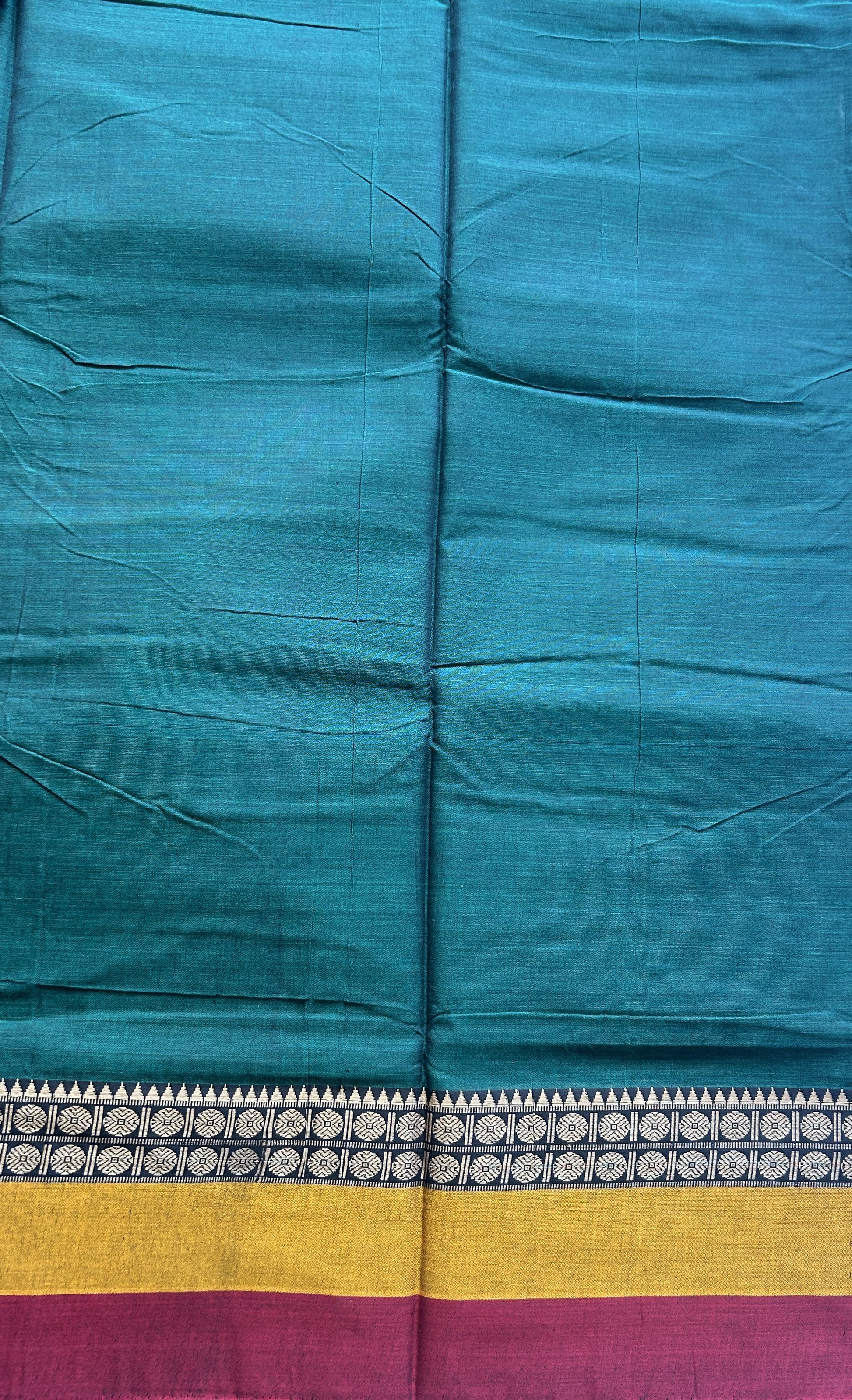 Narayanpet Cotton Saree Bottle Green Colored Complemented with a Double Border. - Sampradaya Designer Studio