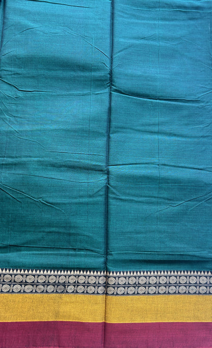 Narayanpet Cotton Saree Bottle Green Colored Complemented with a Double Border. - Sampradaya Designer Studio
