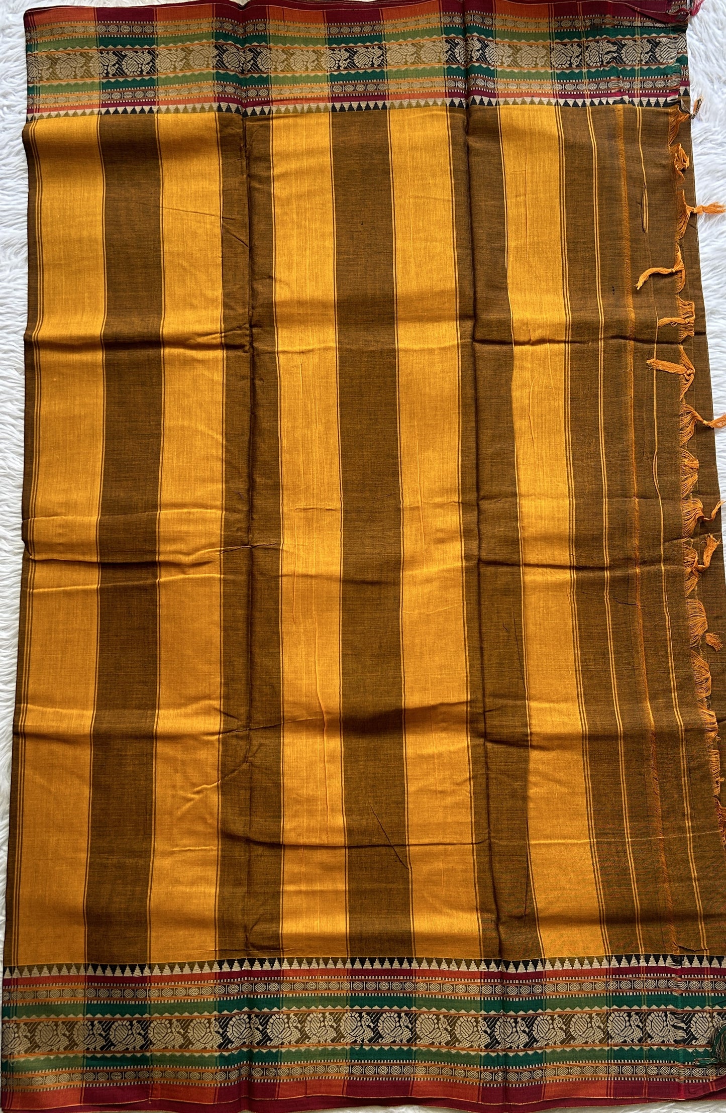 Narayanpet Cotton Saree Dark Mustard Colored Complemented with a Thread Border. - Sampradaya Designer Studio