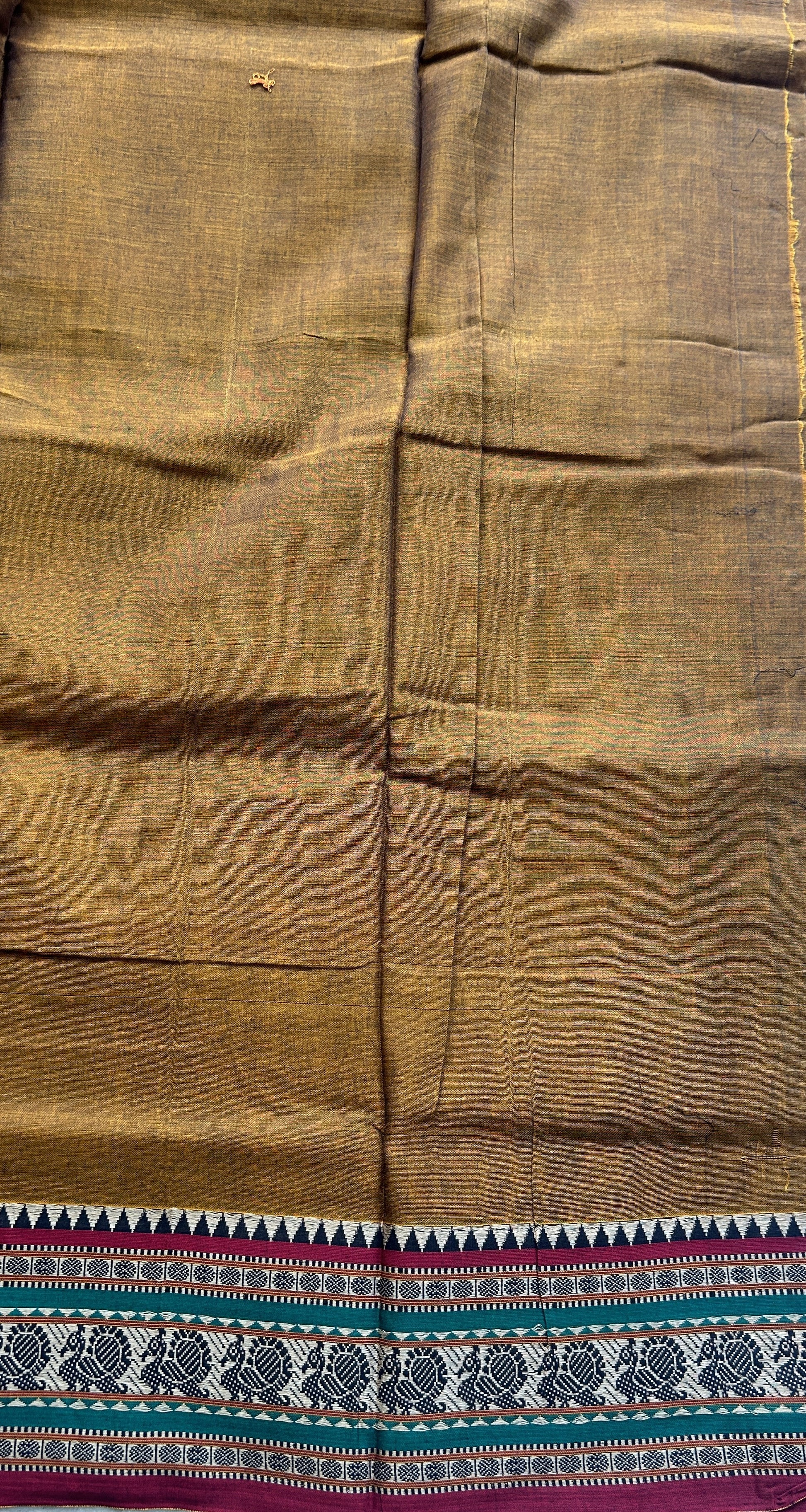 Narayanpet Cotton Saree Dark Mustard Colored Complemented with a Thread Border. - Sampradaya Designer Studio