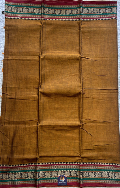 Narayanpet Cotton Saree Dark Mustard Colored Complemented with a Thread Border. - Sampradaya Designer Studio