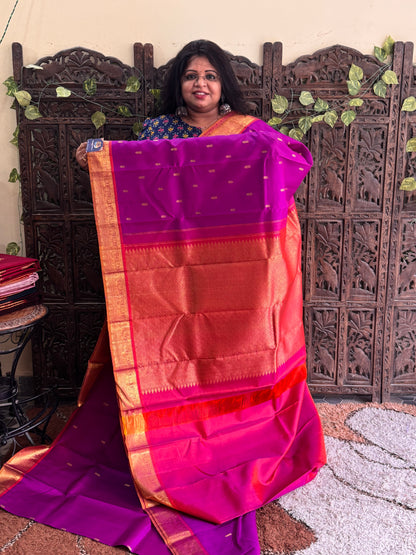 Purple Pure Kanjivaram Silk Saree |  Weaving Border With All-Over Floral Butta | Handloom | Silk Mark Certified