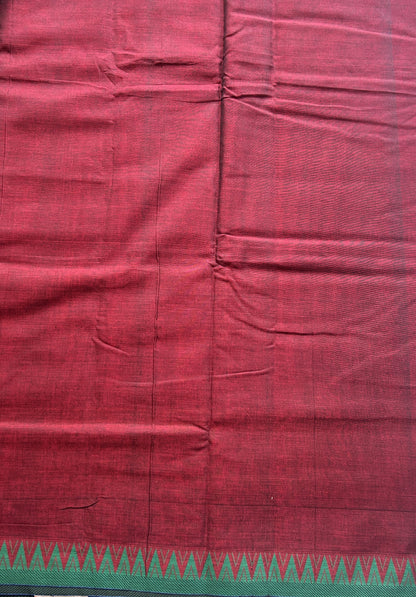 Narayanpet Cotton Saree Dark Maroon Colored Complemented with a Green Thread Border. - Sampradaya Designer Studio