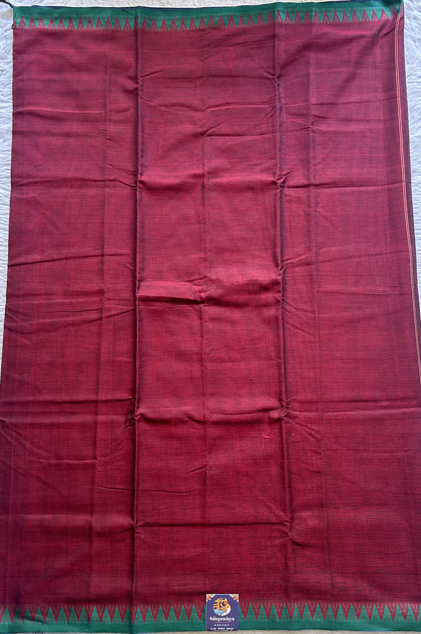 Narayanpet Cotton Saree Dark Maroon Colored Complemented with a Green Thread Border. - Sampradaya Designer Studio
