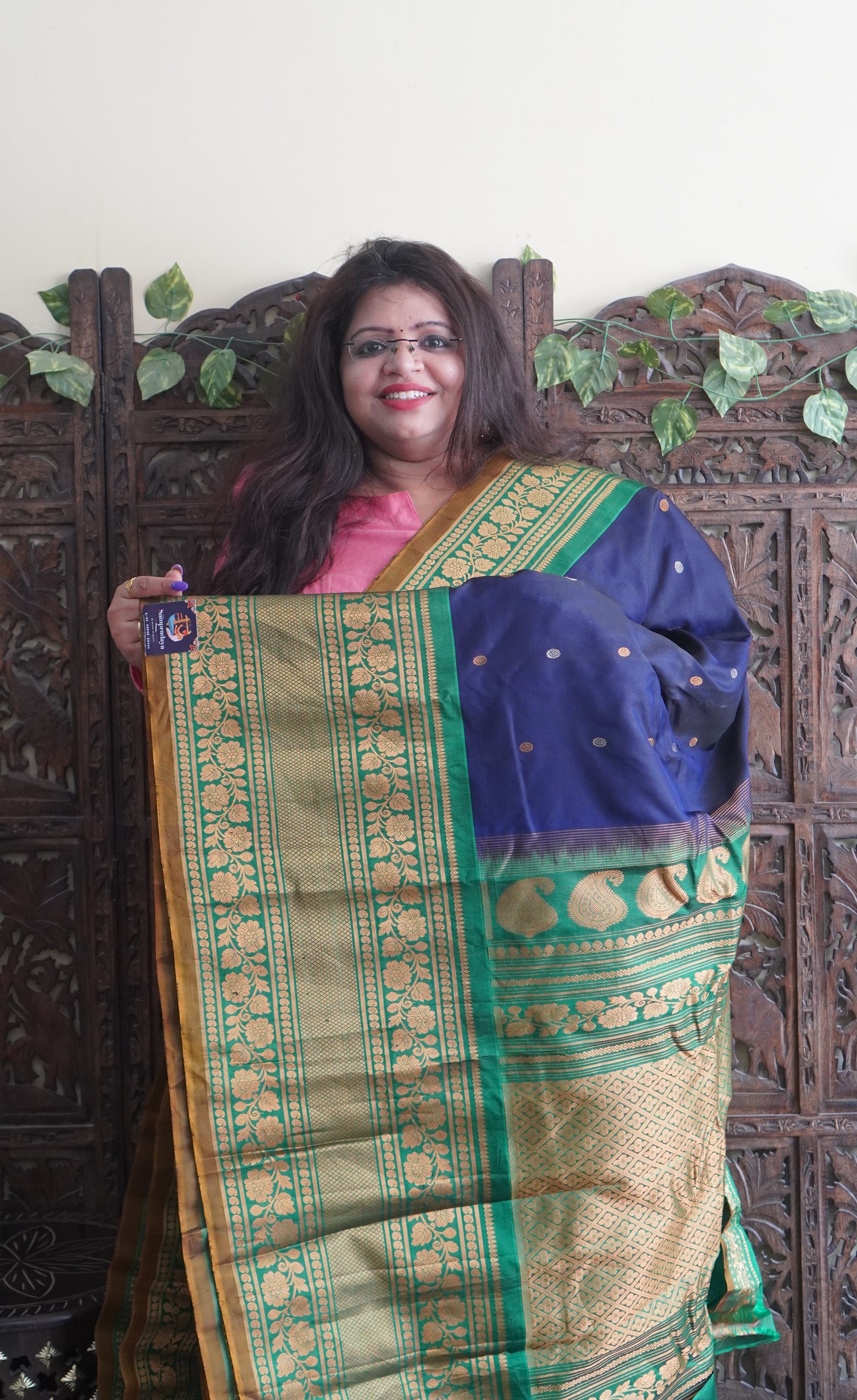 Gadwal Silk Saree Navy Blue Colored Complemented With a Green Color Zari Border - Sampradaya Designer Studio