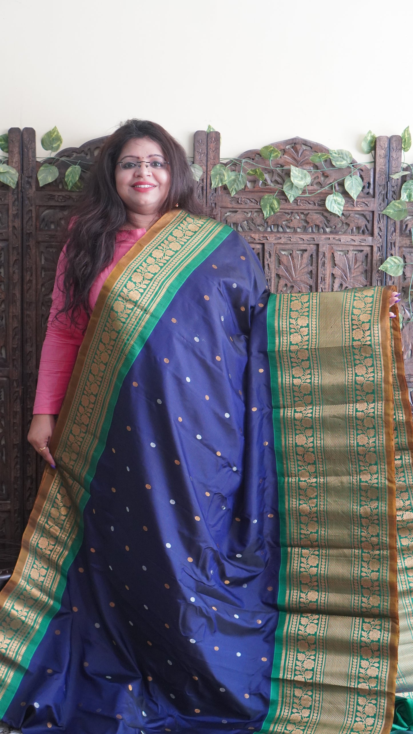 Gadwal Silk Saree Navy Blue Colored Complemented With a Green Color Zari Border - Sampradaya Designer Studio