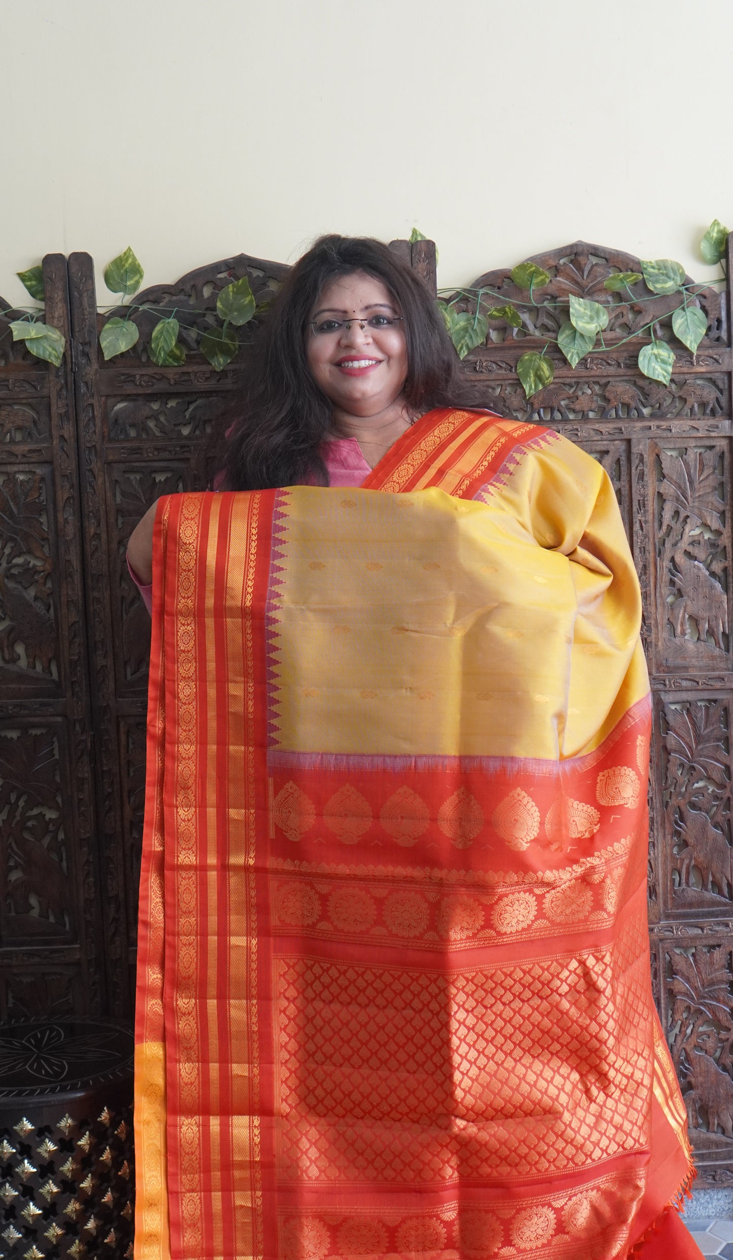 Gadwal Silk Saree Dark Yellow Colored Complemented With a Red Color Zari Border - Sampradaya Designer Studio