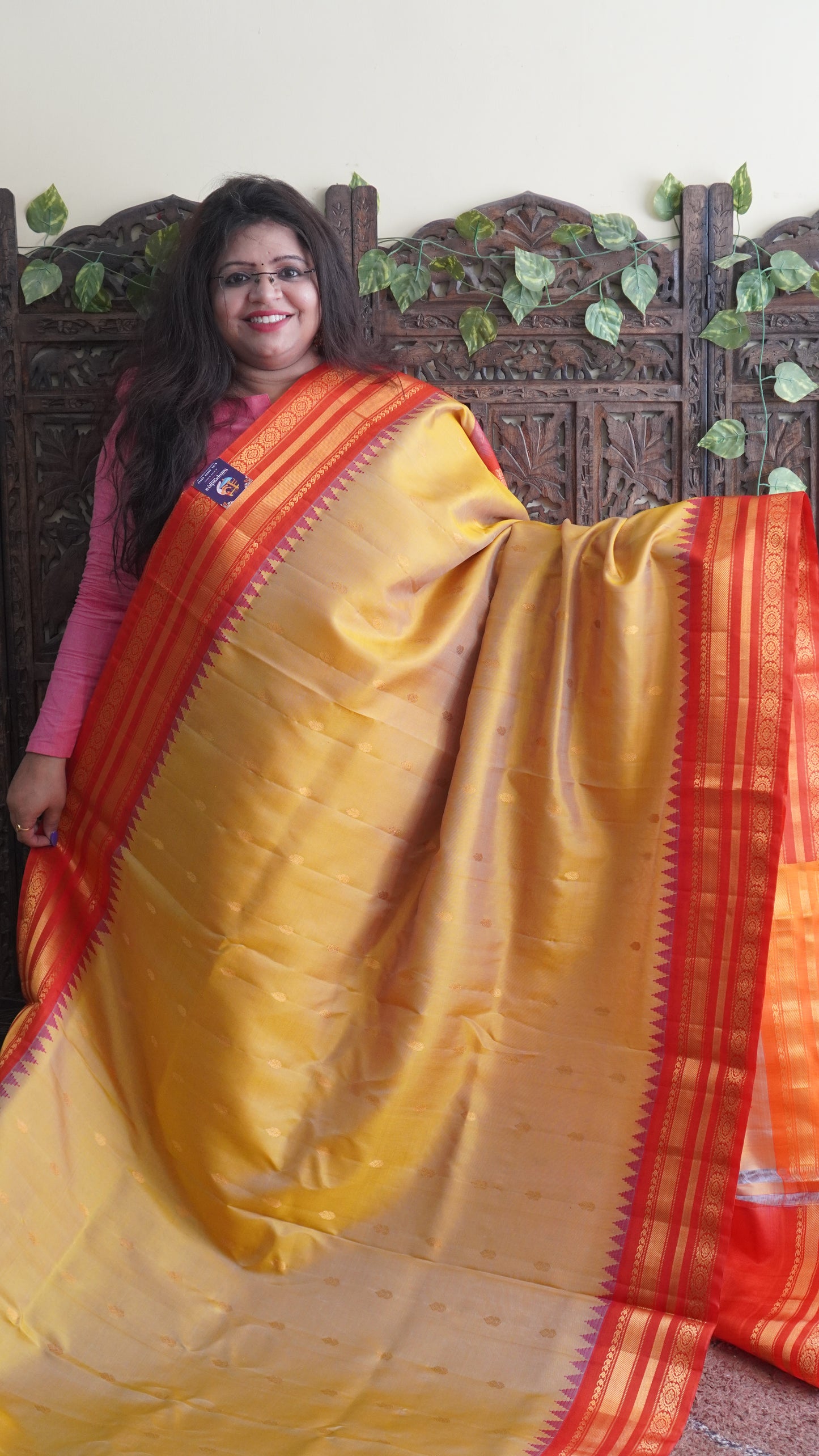 Gadwal Silk Saree Dark Yellow Colored Complemented With a Red Color Zari Border - Sampradaya Designer Studio