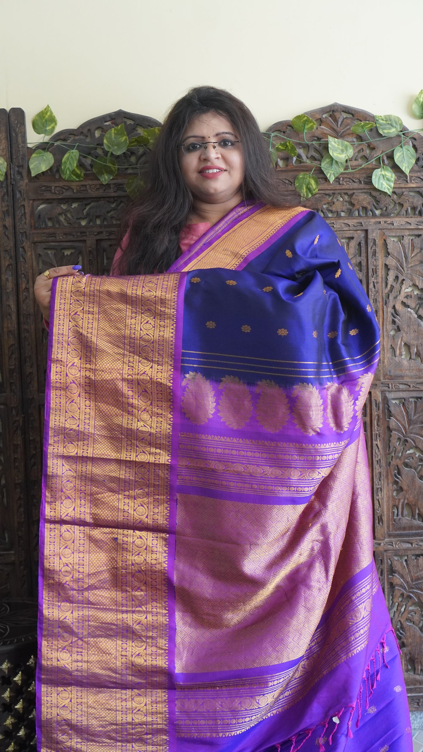 Gadwal Silk Saree Ink Blue Colored Complemented With a Zari Border - Sampradaya Designer Studio