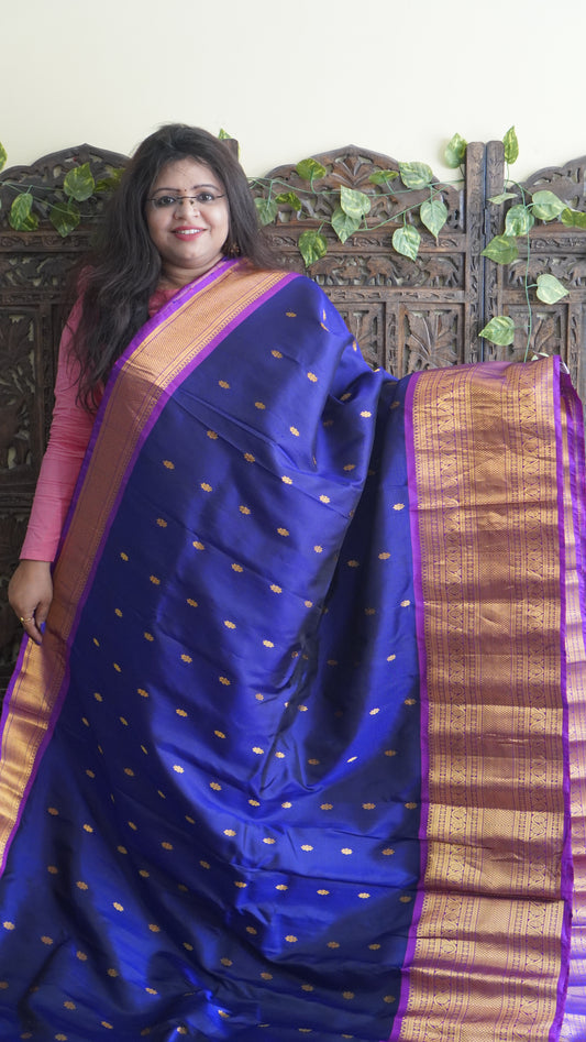 Gadwal Silk Saree Ink Blue Colored Complemented With a Zari Border - Sampradaya Designer Studio