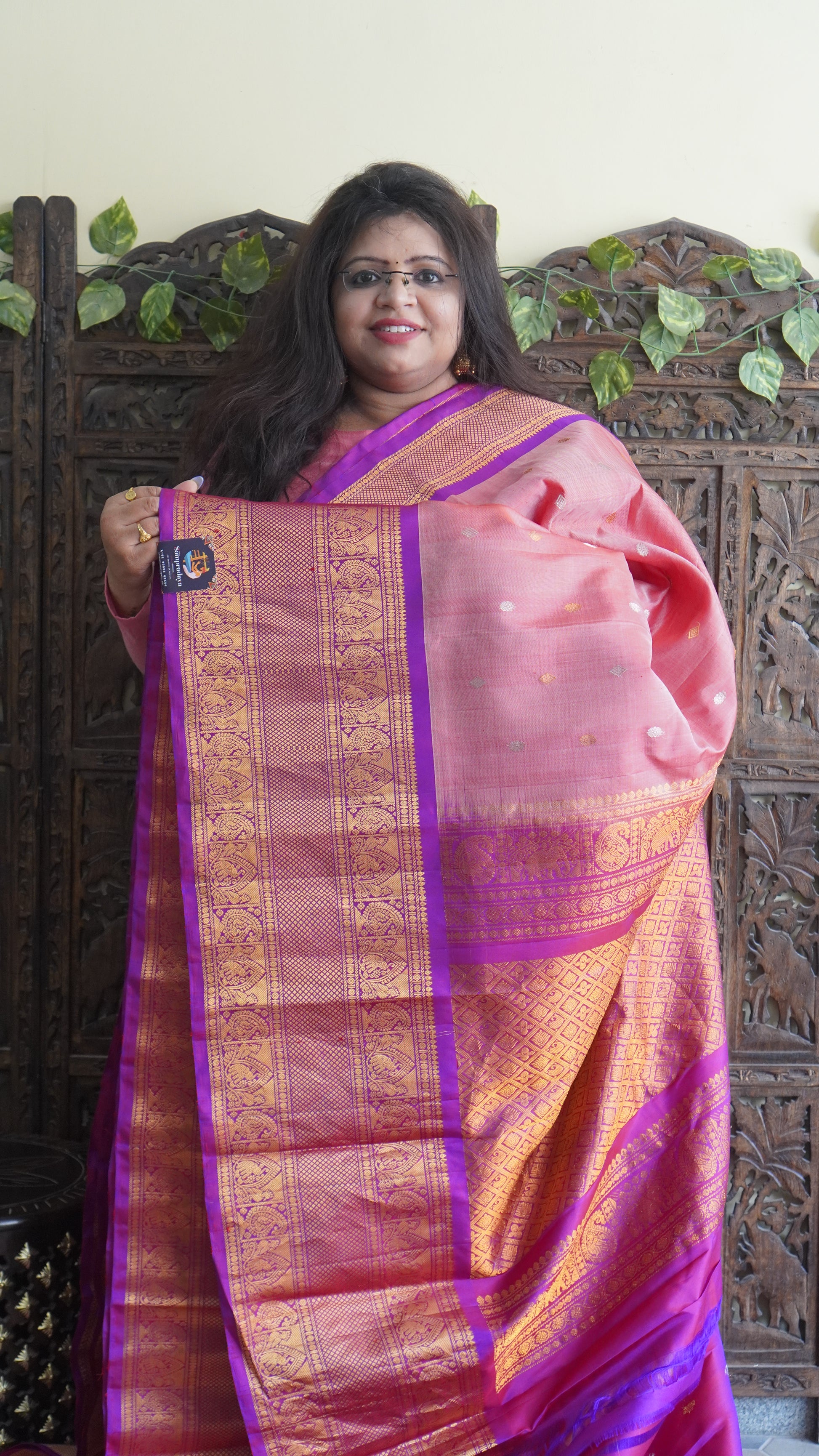Gadwal Silk Saree Peach Colored Complemented With a Zari Border - Sampradaya Designer Studio
