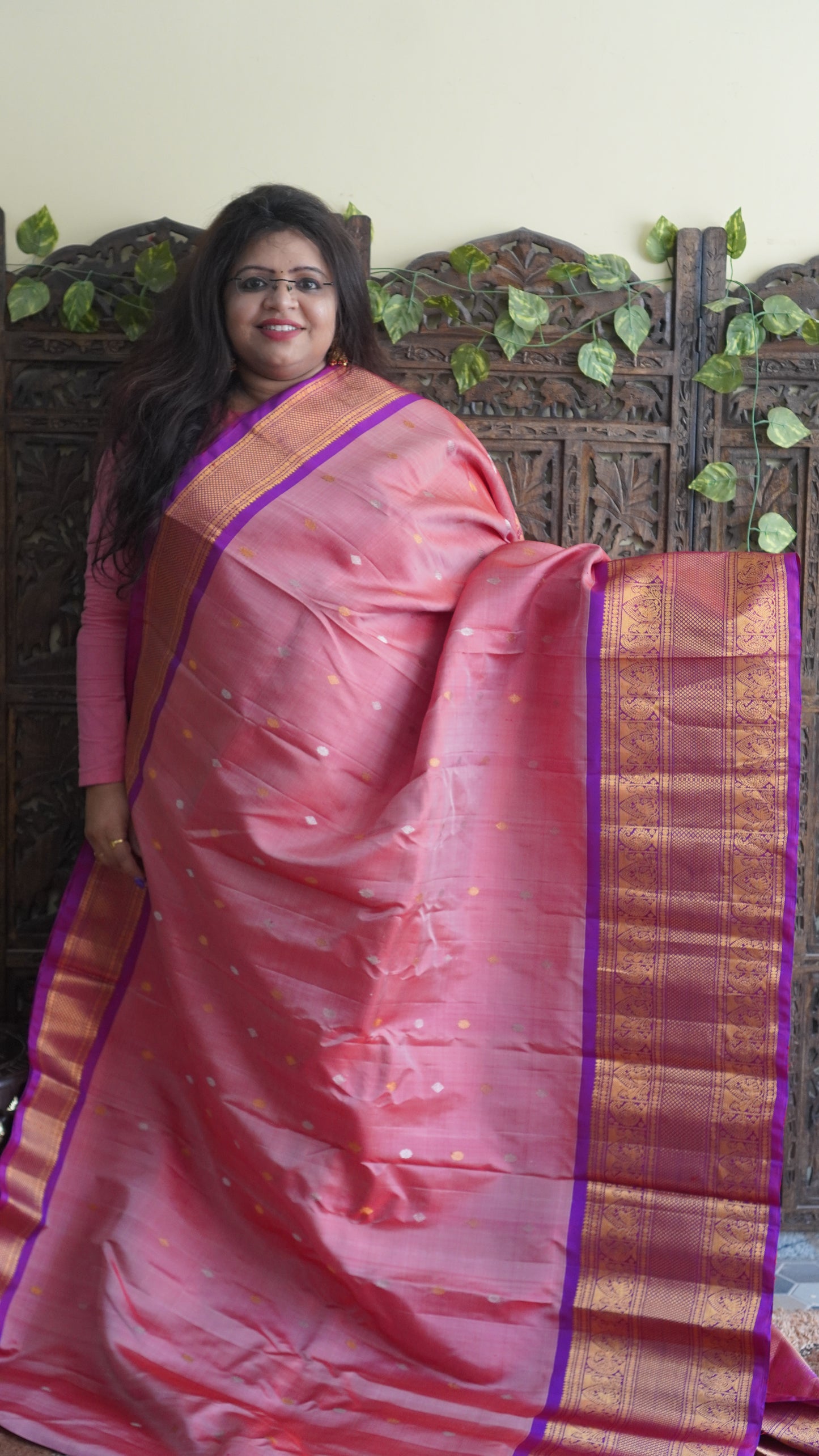 Gadwal Silk Saree Peach Colored Complemented With a Zari Border - Sampradaya Designer Studio