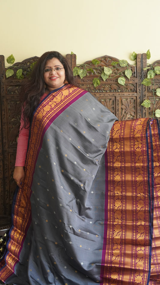 Gadwal Silk Saree Gray Colored Complemented With a Zari Border - Sampradaya Designer Studio