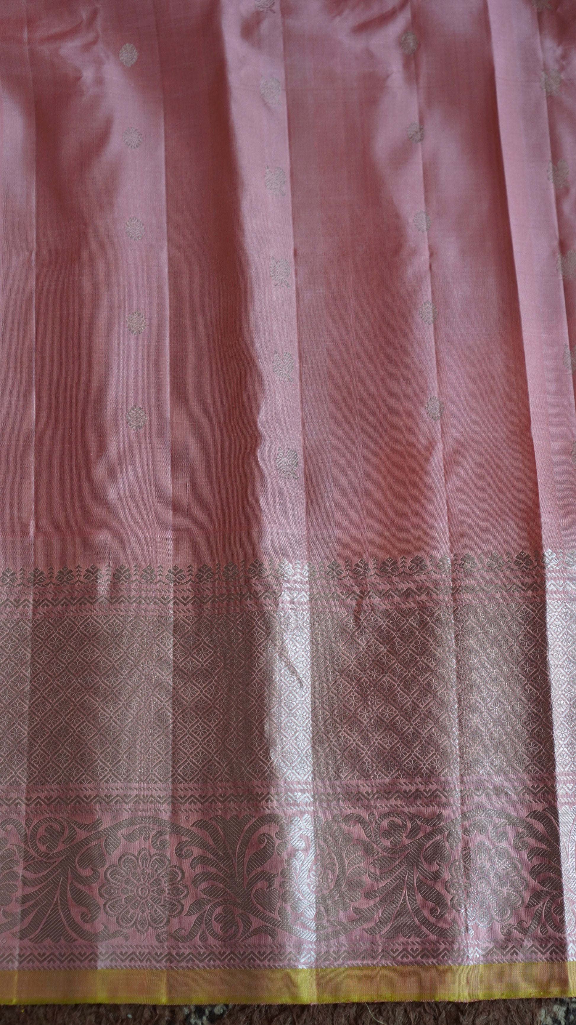 Gadwal Silk Saree Brown Colored Complemented With a Peach Zari Border - Sampradaya Designer Studio