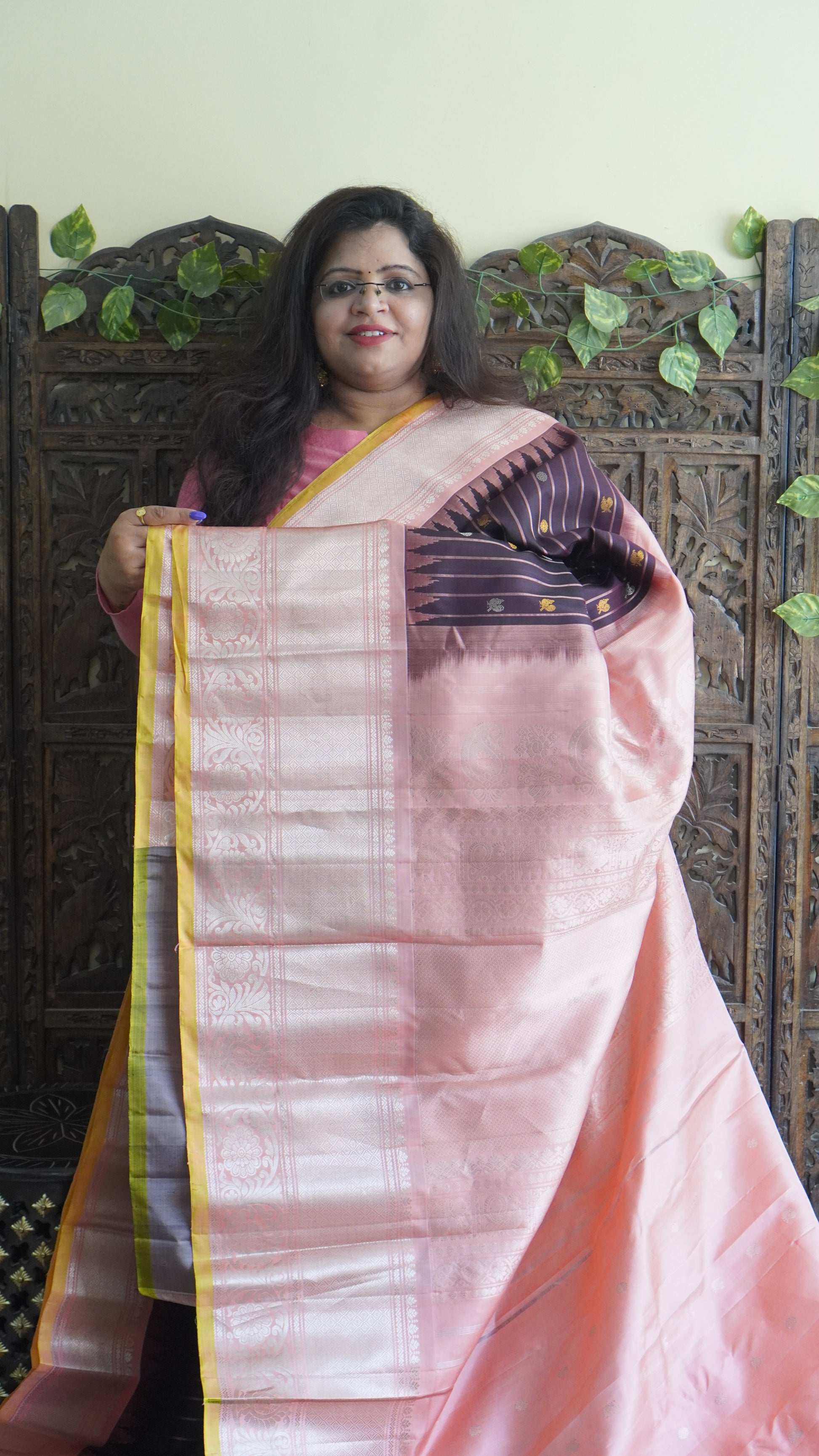 Gadwal Silk Saree Brown Colored Complemented With a Peach Zari Border - Sampradaya Designer Studio