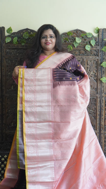 Gadwal Silk Saree Brown Colored Complemented With a Peach Zari Border - Sampradaya Designer Studio