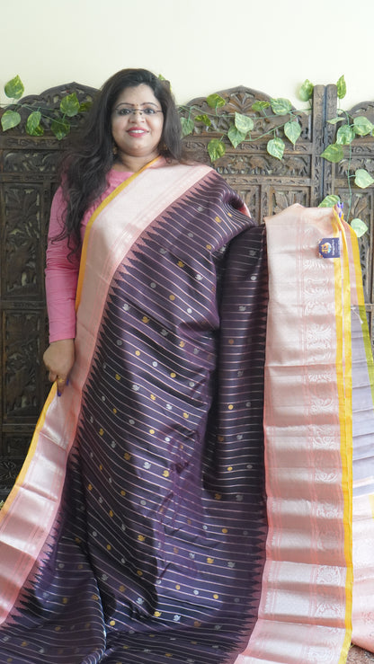 Gadwal Silk Saree Brown Colored Complemented With a Peach Zari Border - Sampradaya Designer Studio