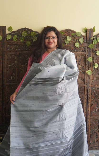 Gadwal Silk Saree Ash Colored Complemented With a Crown Border - Sampradaya Designer Studio