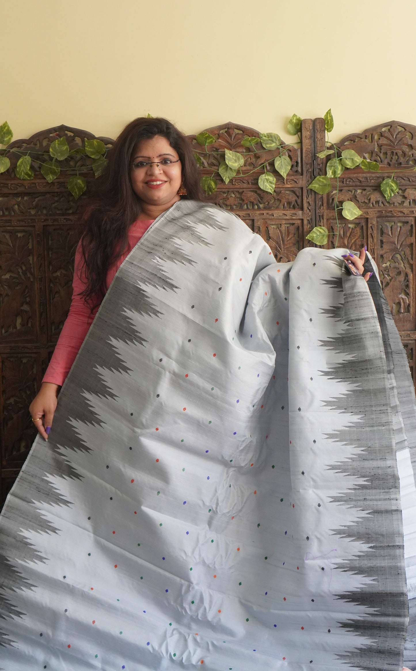 Gadwal Silk Saree Ash Colored Complemented With a Crown Border - Sampradaya Designer Studio