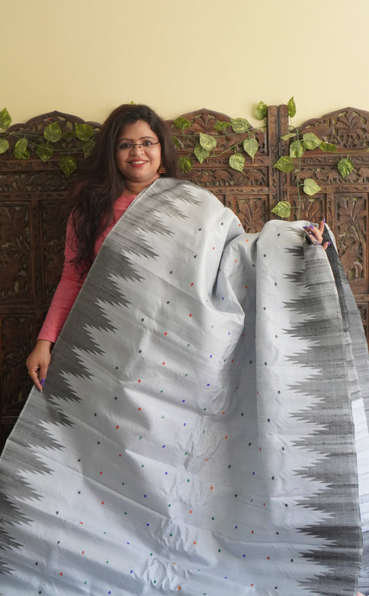 Gadwal Silk Saree Ash Colored Complemented With a Crown Border - Sampradaya Designer Studio