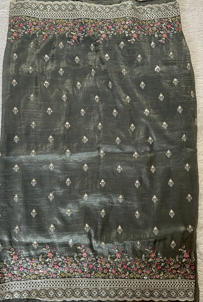 Inox Silk Saree Gray Colored Complemented with a Thread Embroidery Border. - Sampradaya Designer Studio