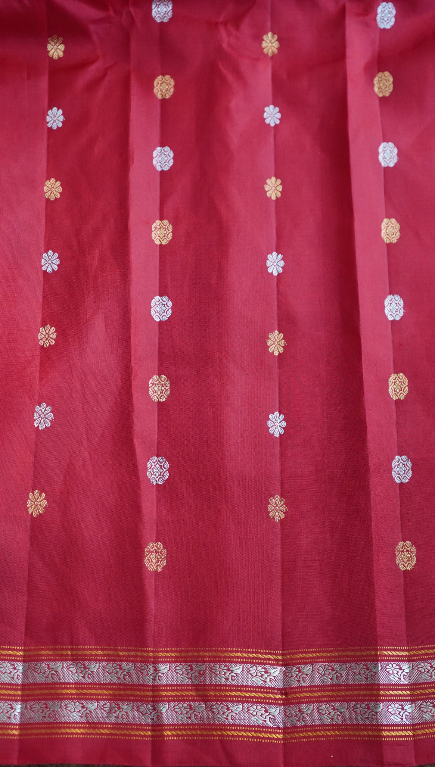 Gadwal Silk Saree Lavender Colored Complemented With a Red Zari Border - Sampradaya Designer Studio