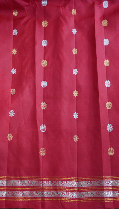 Gadwal Silk Saree Lavender Colored Complemented With a Red Zari Border - Sampradaya Designer Studio