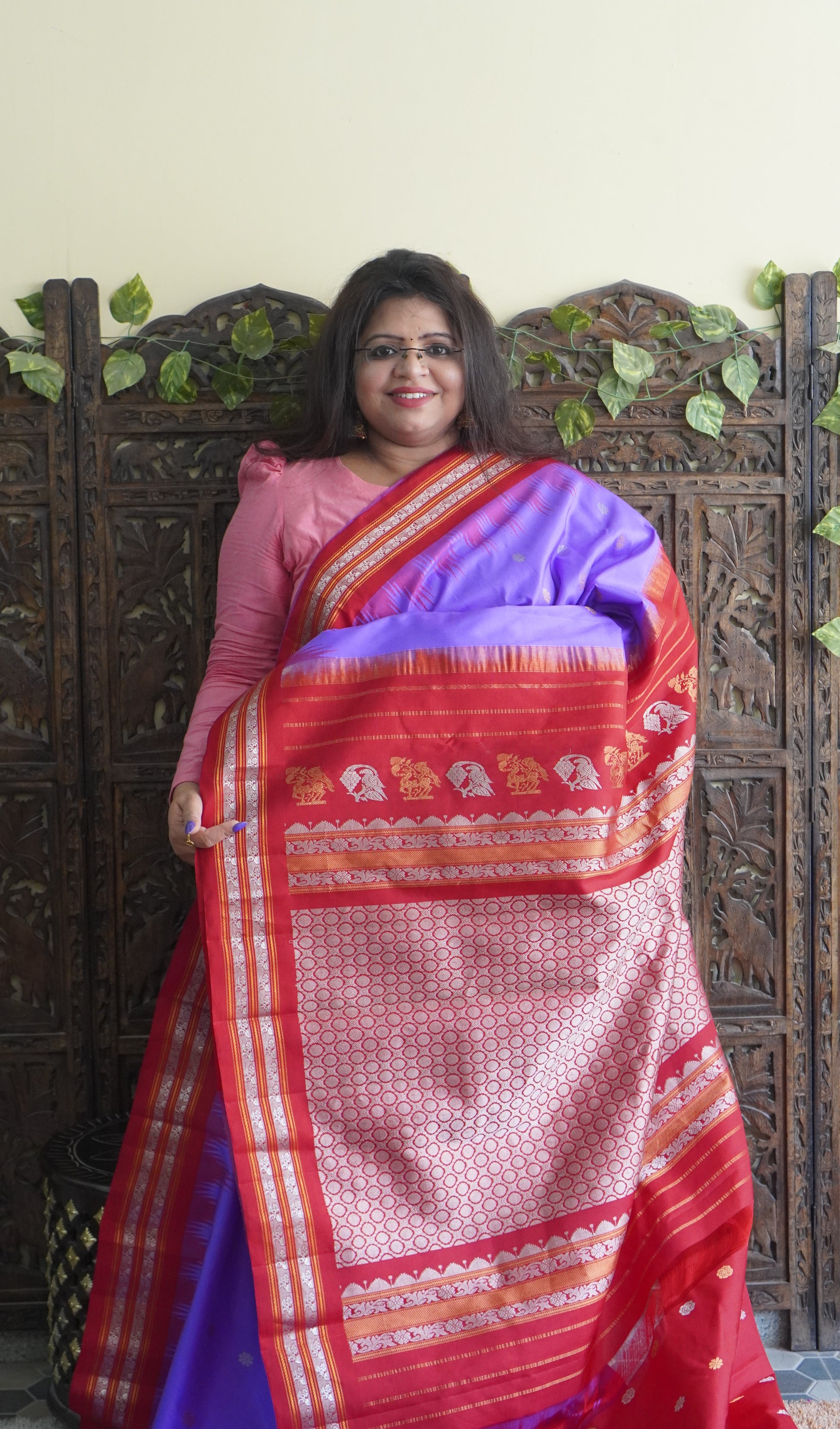 Gadwal Silk Saree Lavender Colored Complemented With a Red Zari Border - Sampradaya Designer Studio