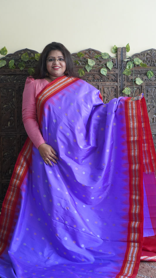 Gadwal Silk Saree Lavender Colored Complemented With a Red Zari Border - Sampradaya Designer Studio