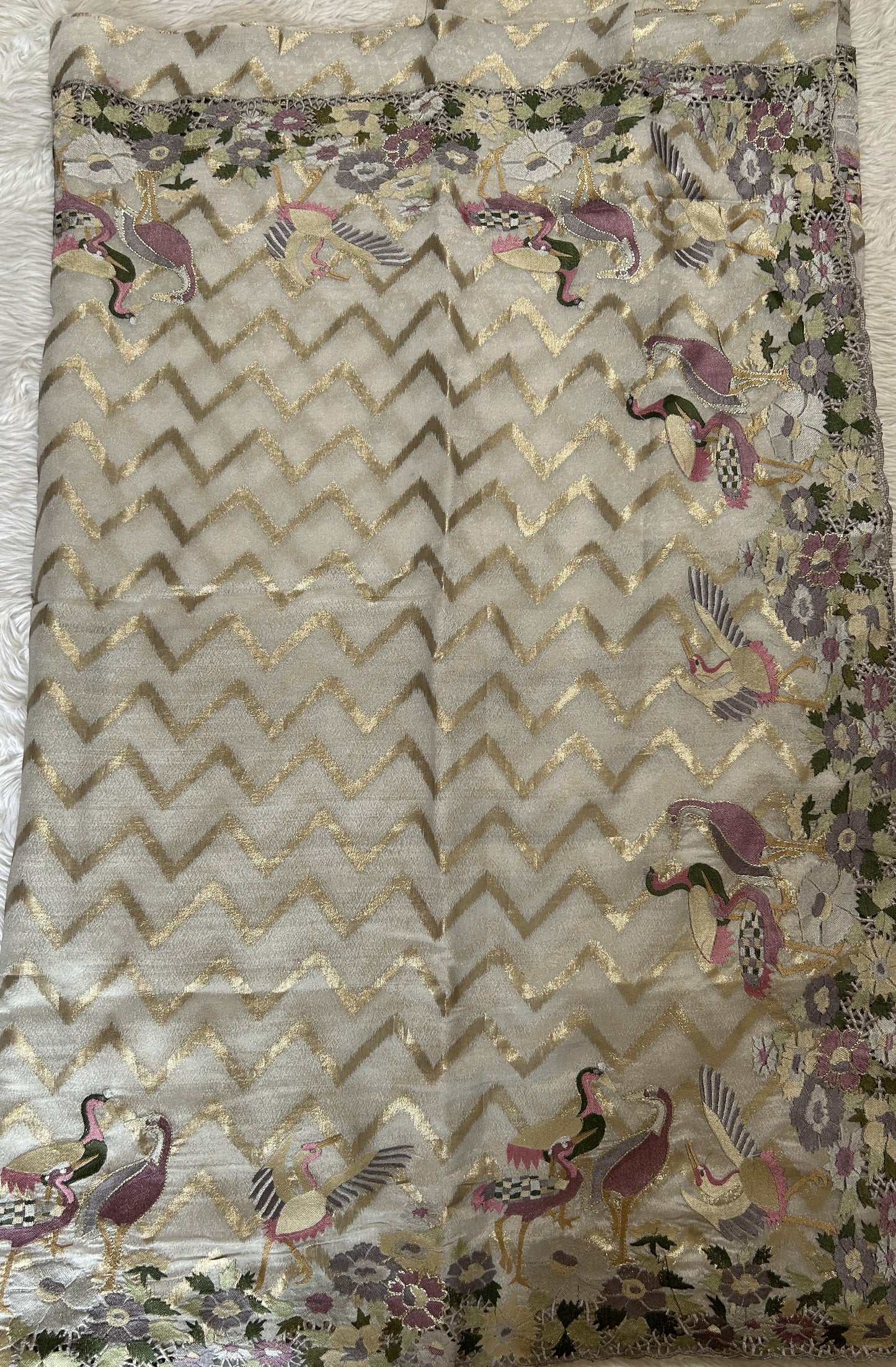 Tissue Georgette Designer Saree Light Gray colored complemented with a Cutwork border. - Sampradaya Designer Studio