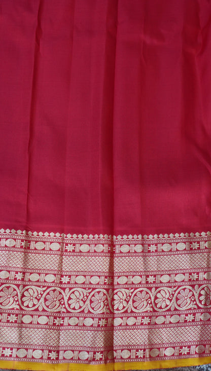 Gadwal Silk Saree Cream Colored Complemented With a Red Zari Border - Sampradaya Designer Studio
