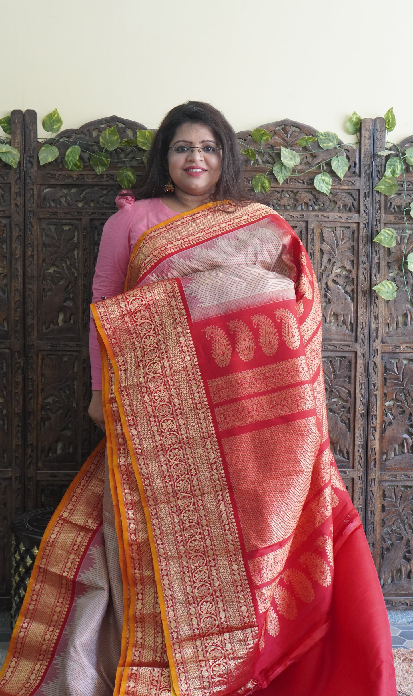 Gadwal Silk Saree Cream Colored Complemented With a Red Zari Border - Sampradaya Designer Studio