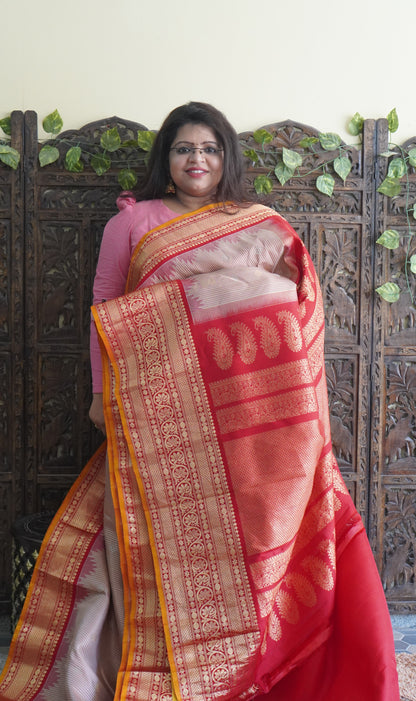 Gadwal Silk Saree Cream Colored Complemented With a Red Zari Border - Sampradaya Designer Studio