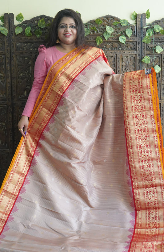 Gadwal Silk Saree Cream Colored Complemented With a Red Zari Border - Sampradaya Designer Studio