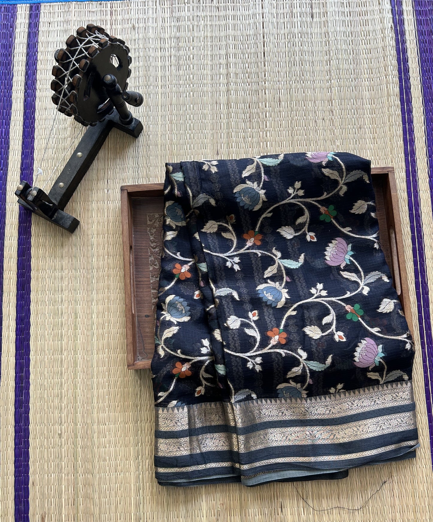 Pure Handloom Silk Kota Saree | Black | Gold Zari  With Temple Border | Silk Mark Certified