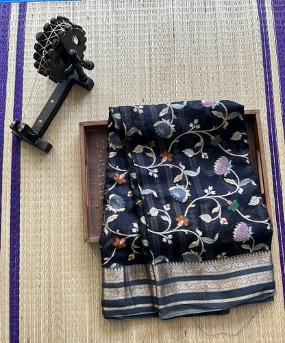 Pure Handloom Silk Kota Saree | Black | Gold Zari  With Temple Border | Silk Mark Certified