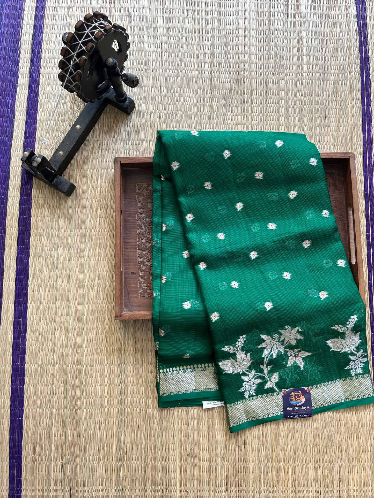 Pure Handloom Silk Kota Saree | Bottle Green| Gold Zari  With Temple Border | Silk Mark Certified