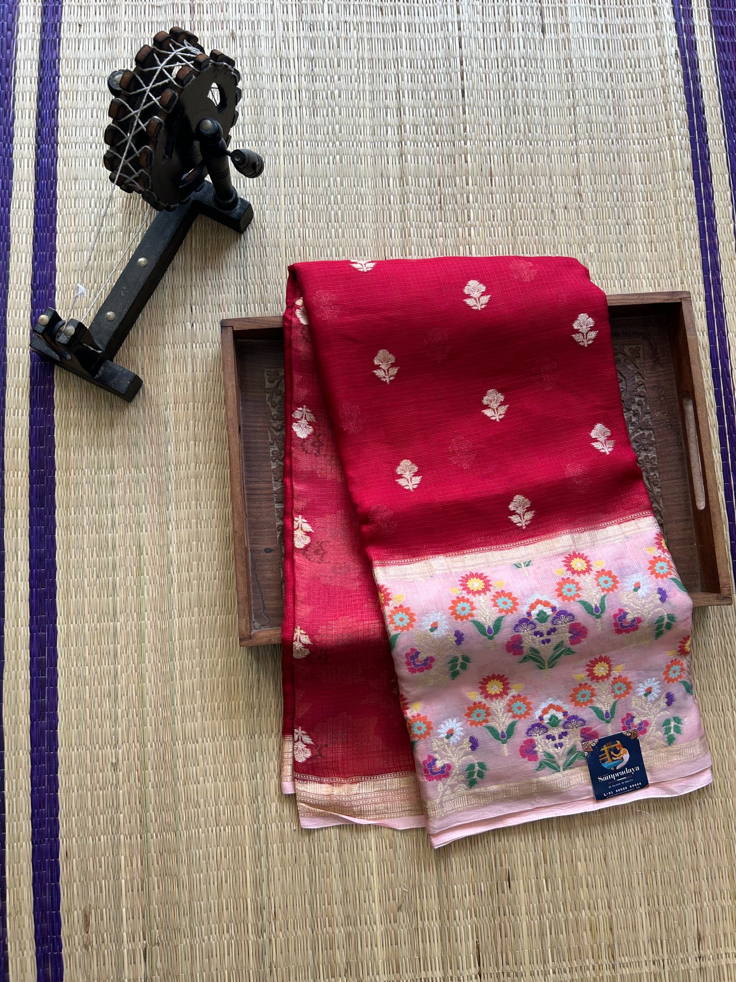 Pure Handloom Silk Kota Saree | Red | Gold Zari  With Temple Border | Silk Mark Certified