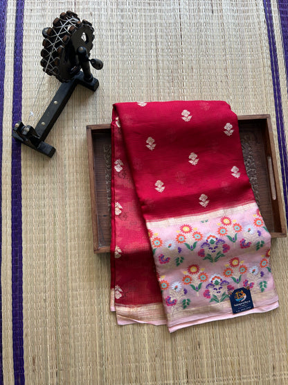Pure Handloom Silk Kota Saree | Red | Gold Zari  With Temple Border | Silk Mark Certified