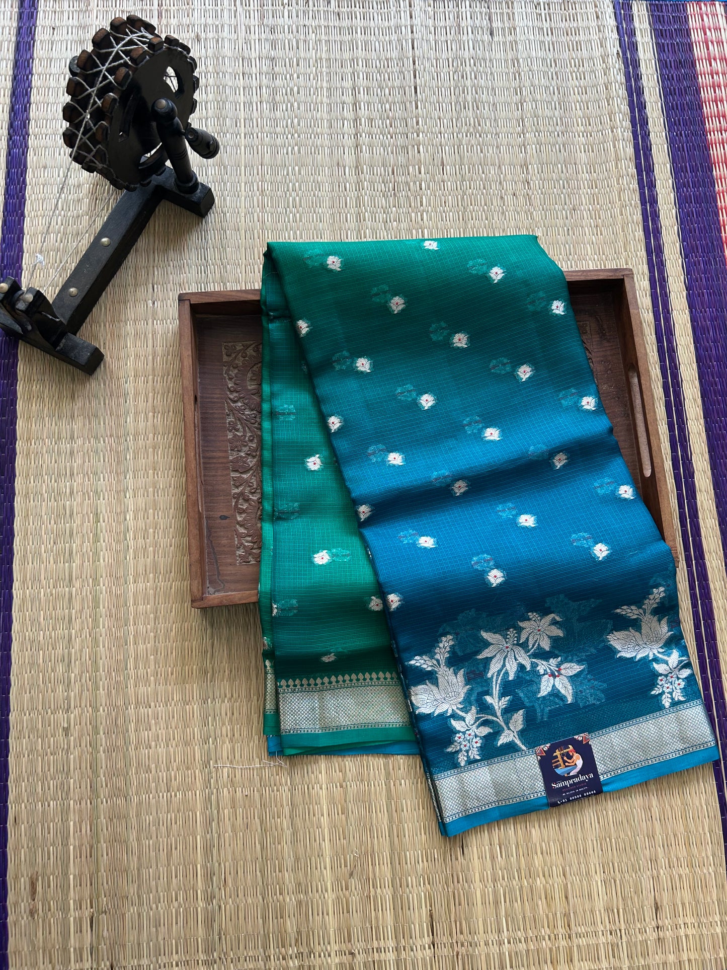 Pure Handloom Silk Kota Saree | Green And Blue | Gold Zari  With Temple Border | Silk Mark Certified
