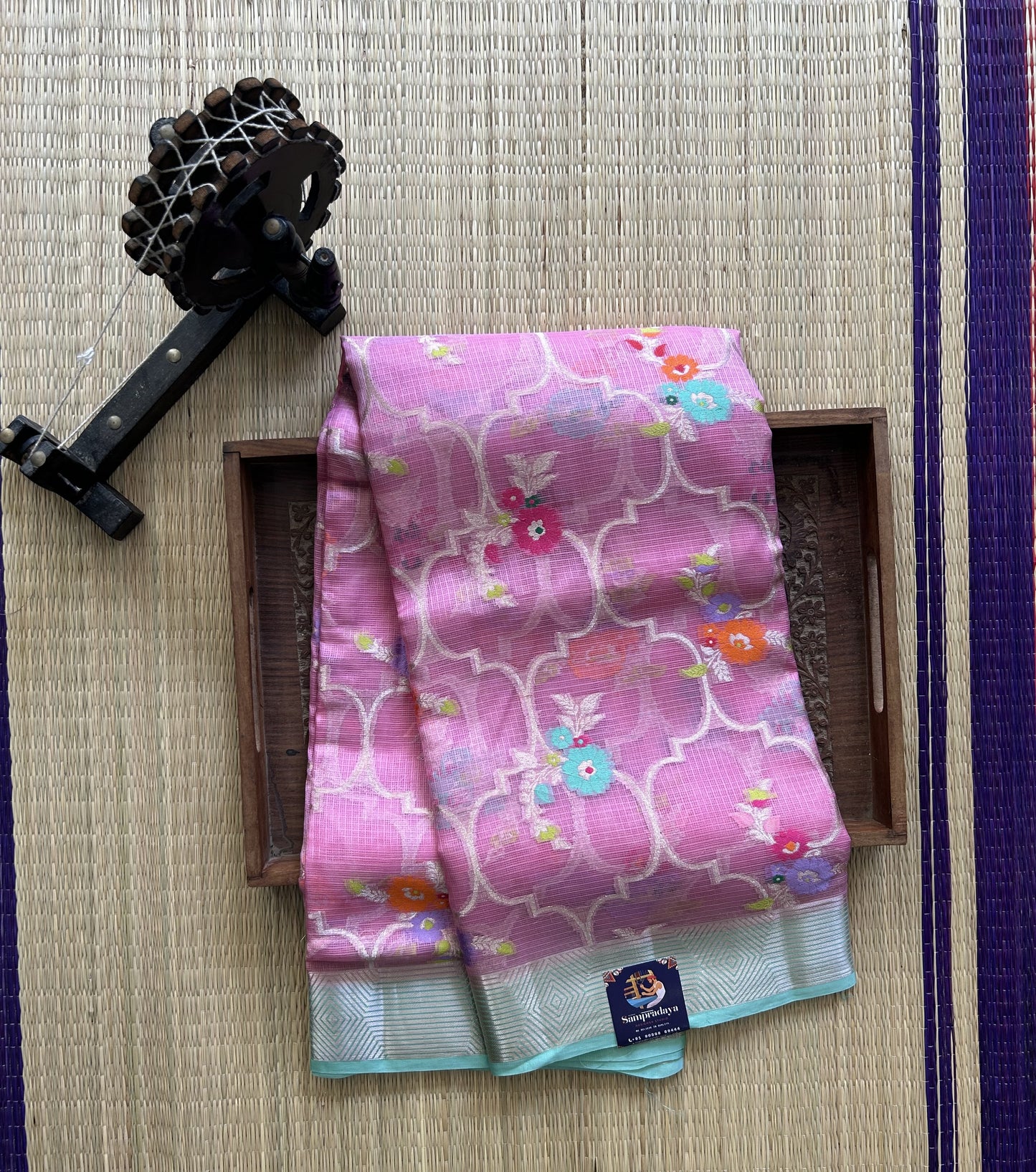 Pure Handloom Silk Kota Saree | Pink | Gold Zari  With Temple Border | Silk Mark Certified