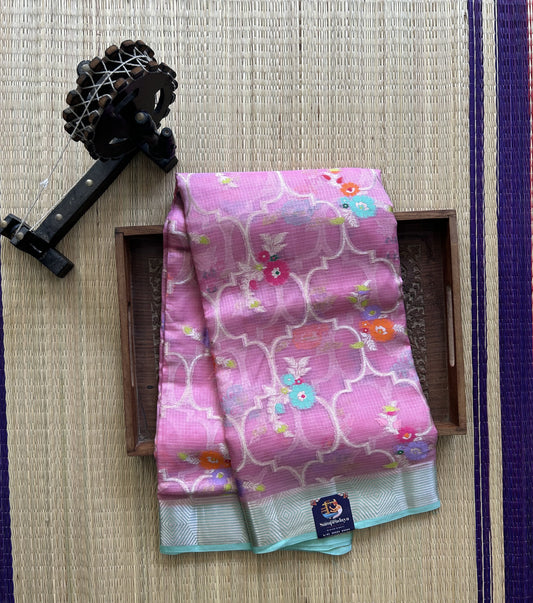 Pure Handloom Silk Kota Saree | Pink | Gold Zari  With Temple Border | Silk Mark Certified