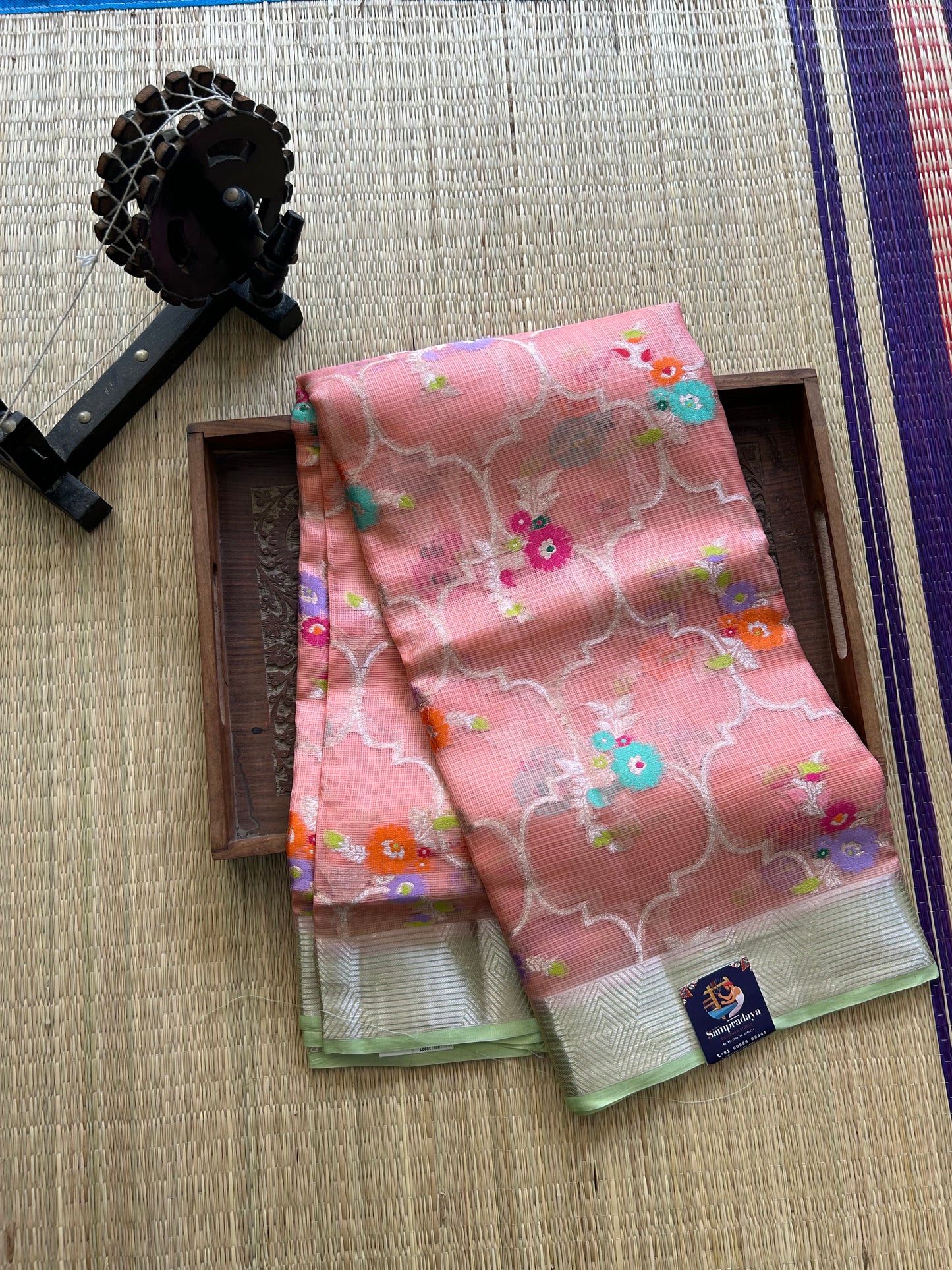 Pure Handloom Silk Kota Saree | Peach | Gold Zari  With Temple Border | Silk Mark Certified